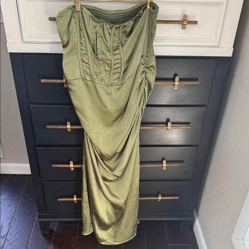 Olive Green Ruched Satin Prom Dress